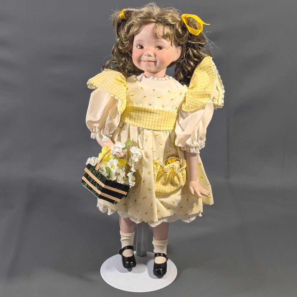 Ashton-Drake Galleries 1995 Porcelain Doll Yellow Gingham Dress Flower Basket